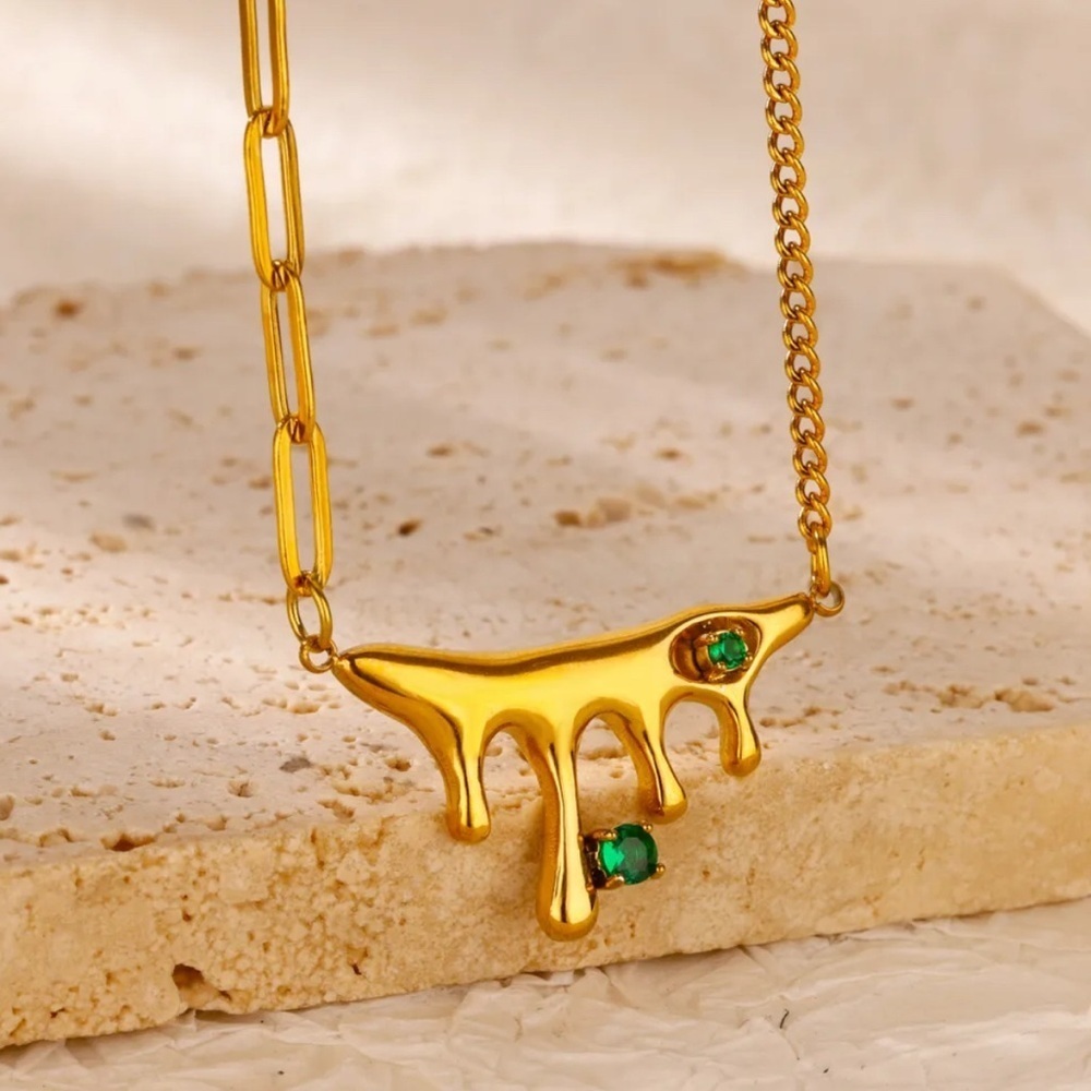 18K Gold Liquid Melting Mixed Chain Statement Necklace Emerald Accents No Fade